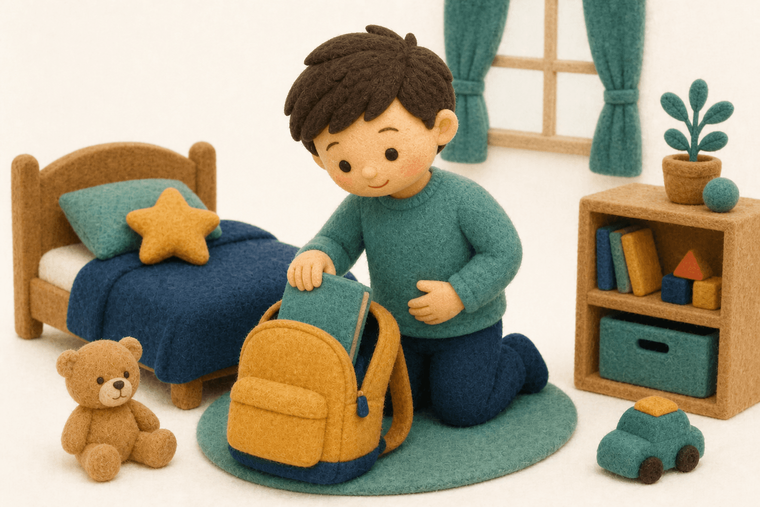 痛みを認めつつ登校の準備を続ける親子のフェルト人形風イラスト