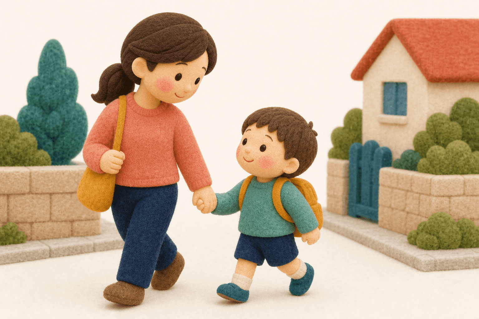 成長とともに日常を取り戻していく子どものフェルト人形風イラスト