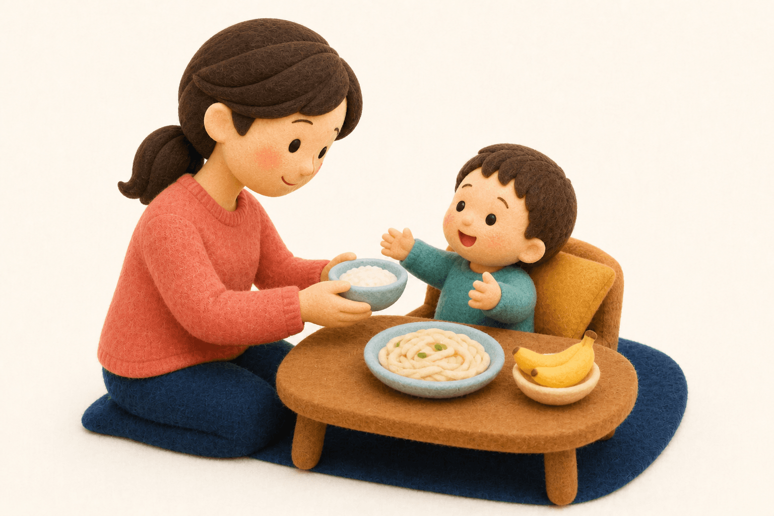 回復期の子どもにおかゆやバナナを保護者が出しているフェルト人形風イラスト