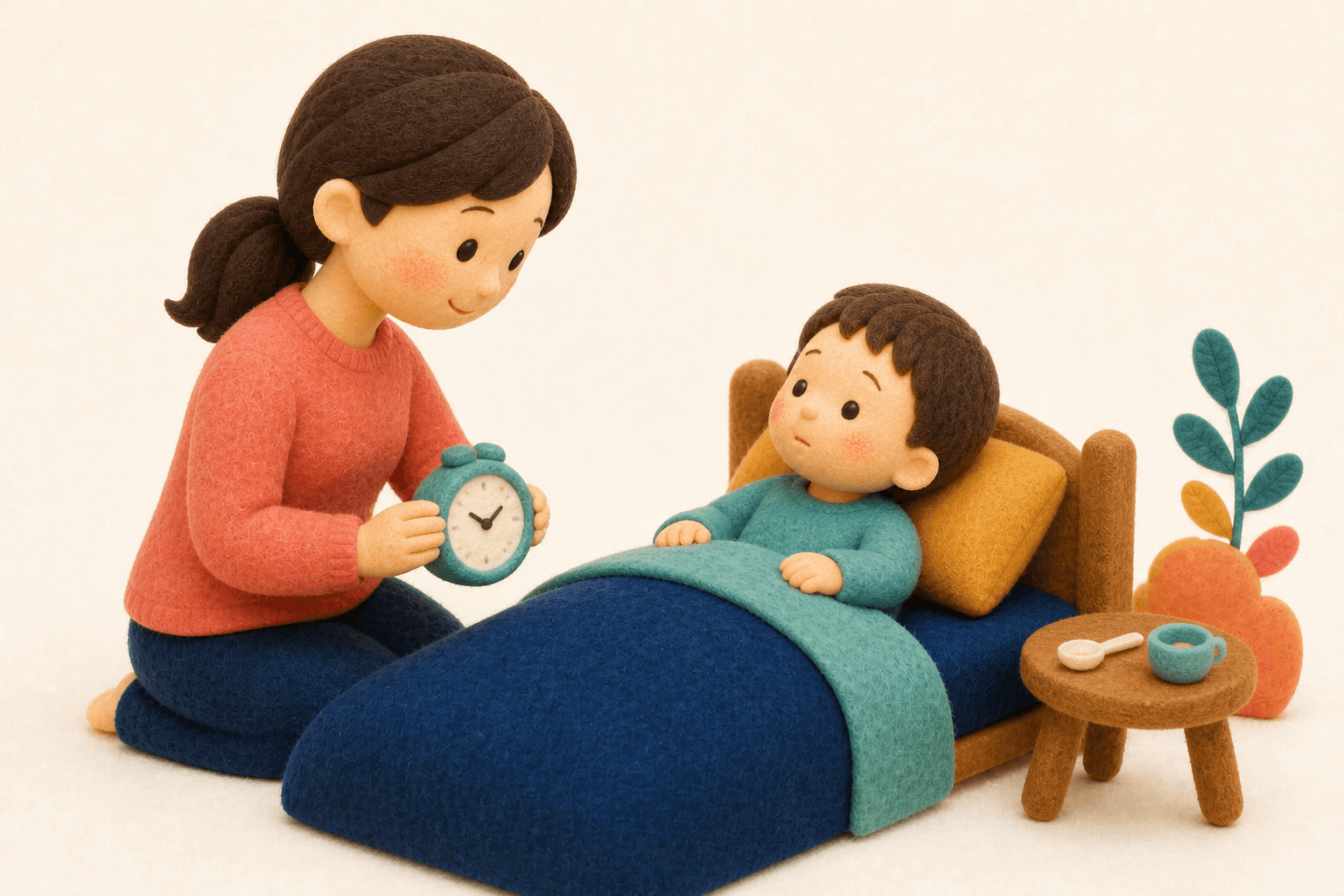 吐いた後の子どもを、時計と少量の飲み物を用意して保護者が見守っているフェルト人形風イラスト