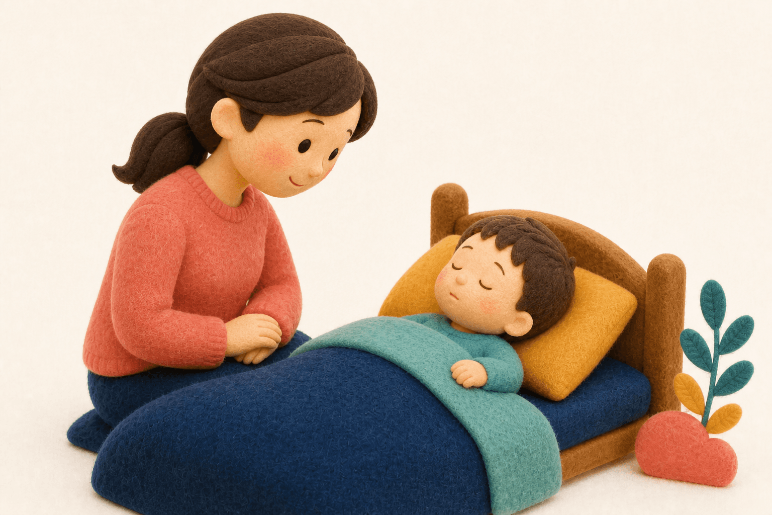 薬を使わず、眠る子どもが自然に回復するのを保護者が見守っているフェルト人形風イラスト