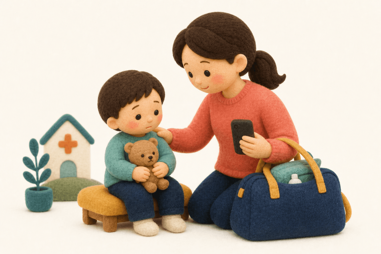受診が必要なのはどんな時?の場面を示すフェルト人形風イラスト