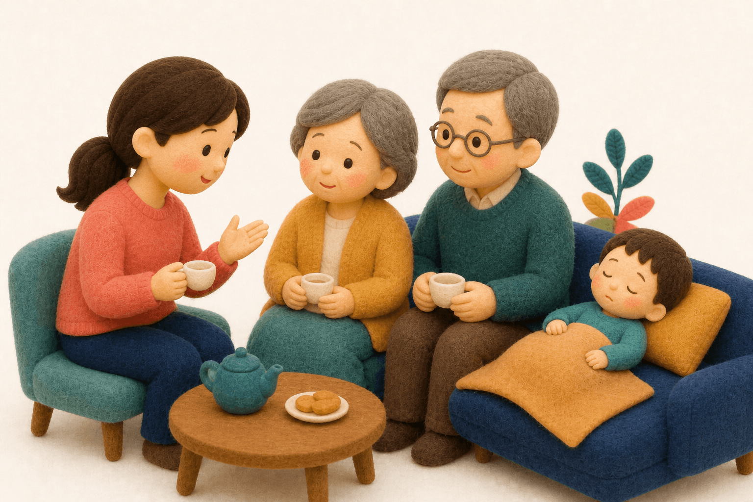 責めずに安全のお願いを伝える保護者と祖父母のフェルト人形風イラスト