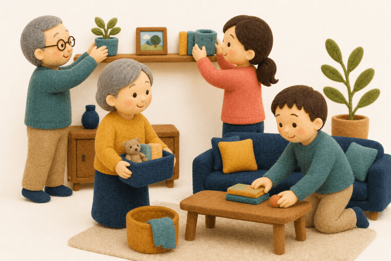 帰省前に祖父母宅を孫仕様へ整える家族のフェルト人形風イラスト