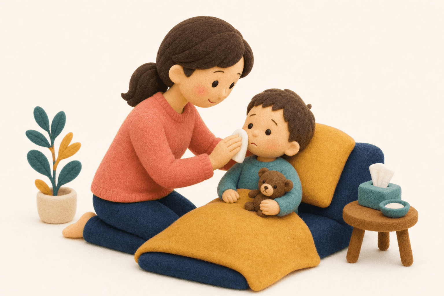 どんな行動ですか?の場面を示すフェルト人形風イラスト