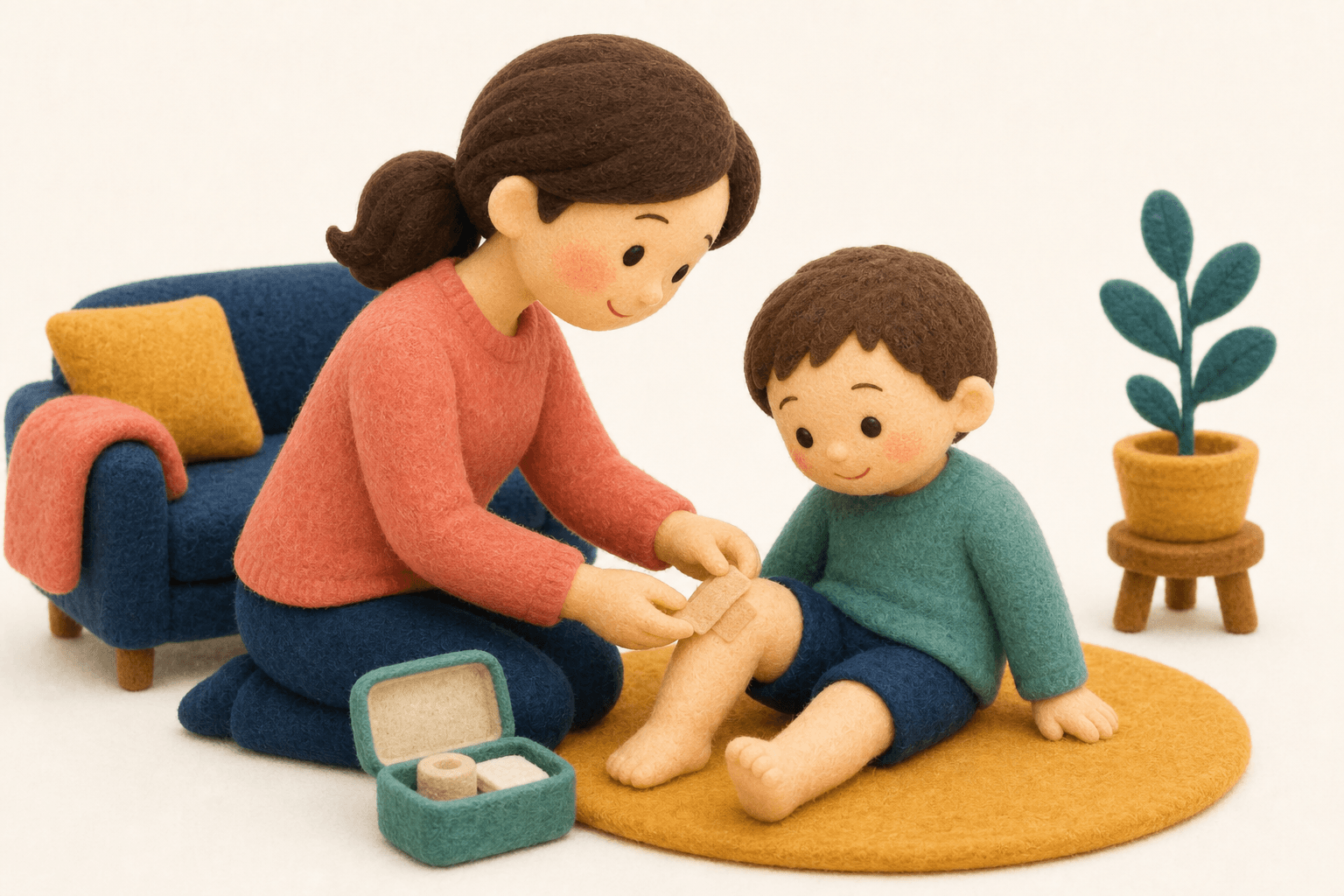 家庭での対応の場面を示すフェルト人形風イラスト