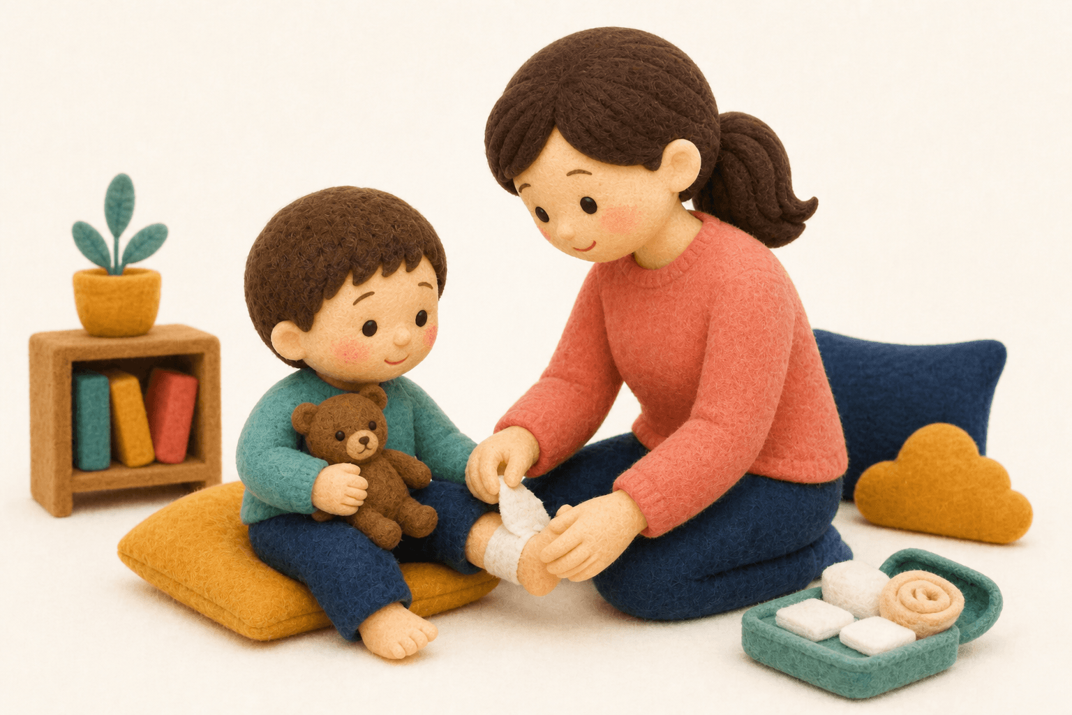首すわりの標準的な時期を教えてくださいの場面を示すフェルト人形風イラスト