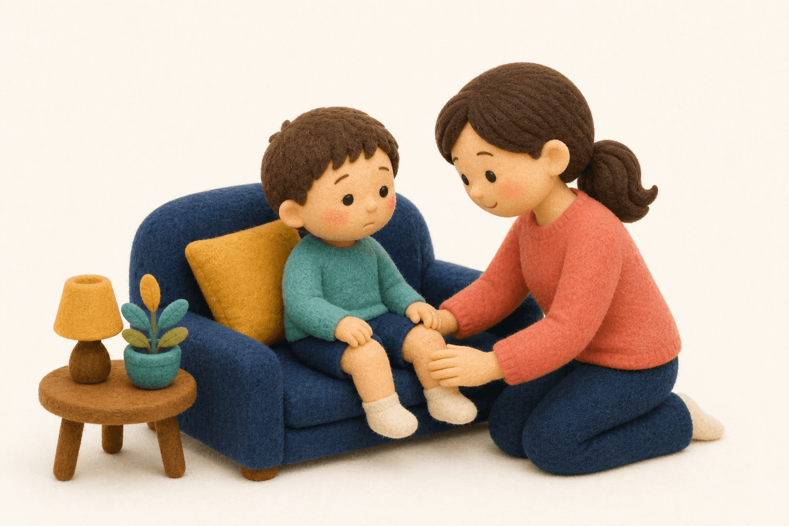 寝返りはいつ頃できるようになりますか?の場面を示すフェルト人形風イラスト