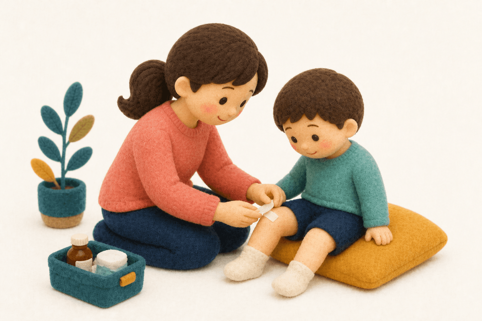 タミータイム(うつ伏せ遊び)はどうすればいいですか?の場面を示すフェルト人形風イラスト