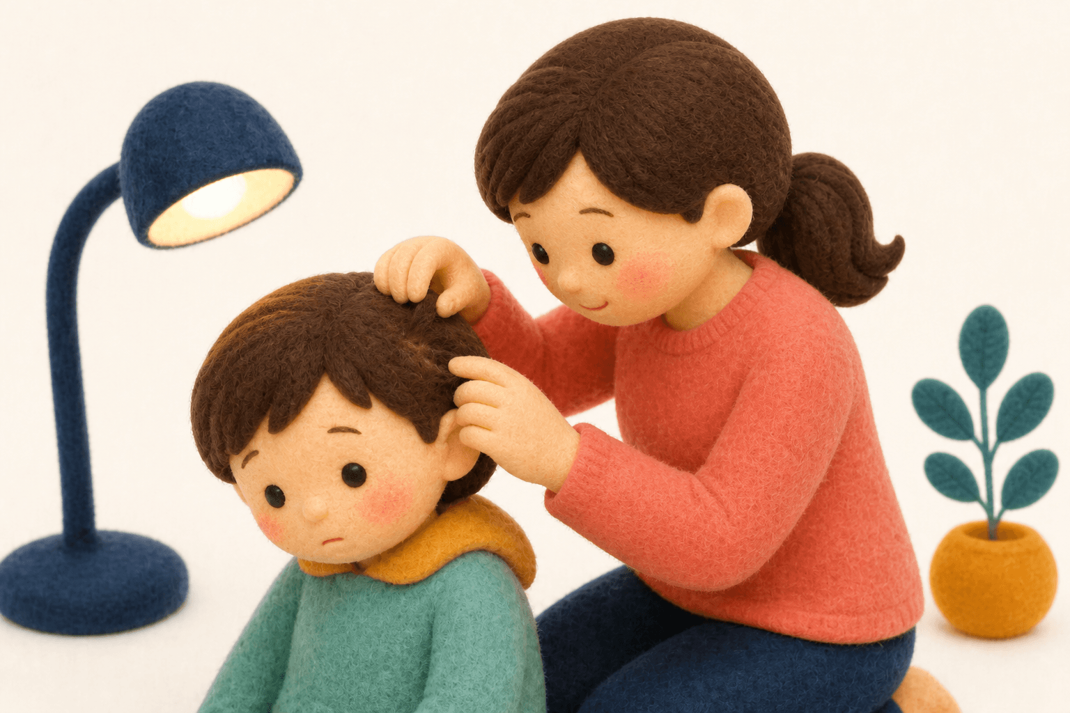 耳の後ろの髪を分けて卵を探す保護者のフェルト人形風イラスト
