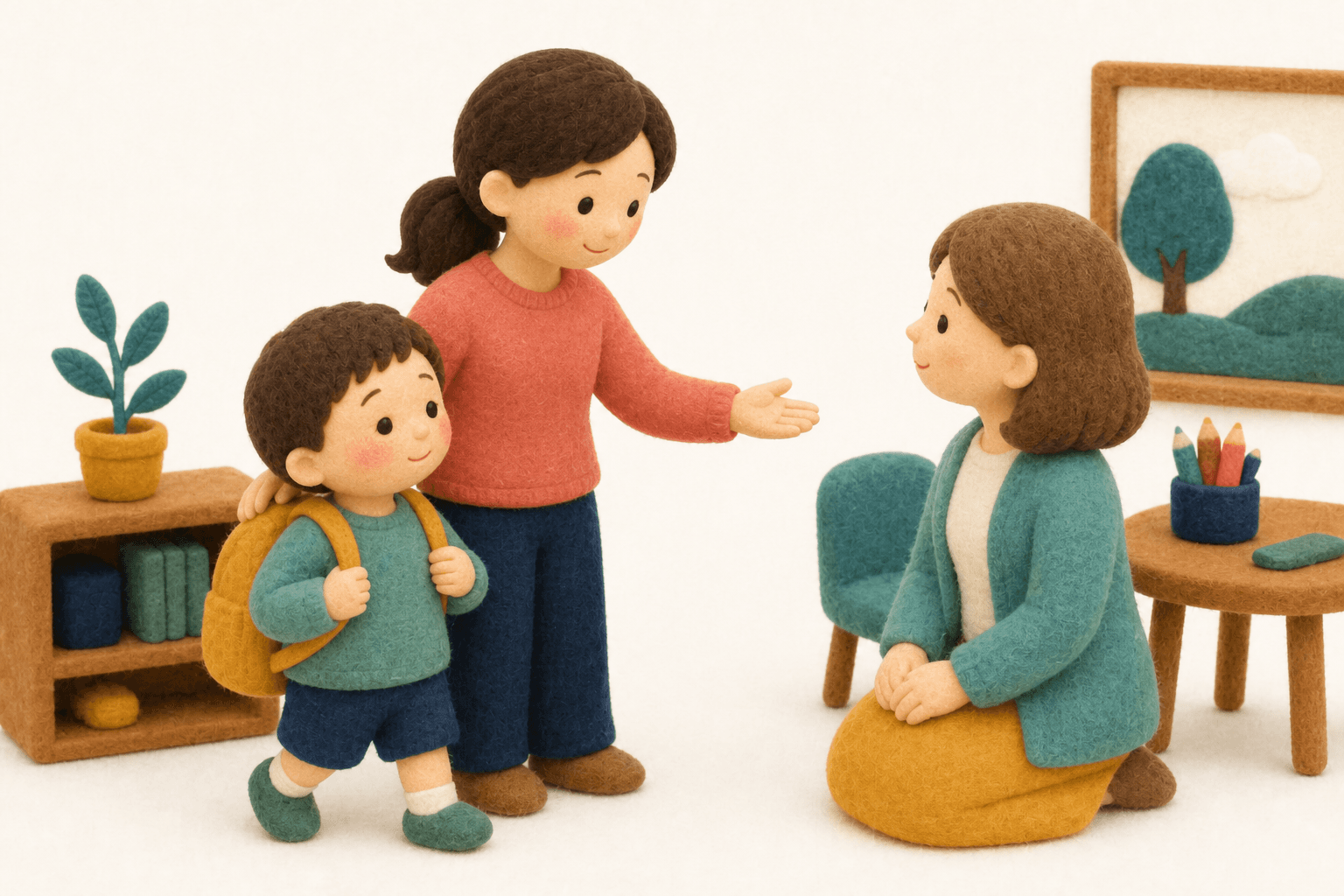 治療開始後に登校し、先生へ共有する親子のフェルト人形風イラスト
