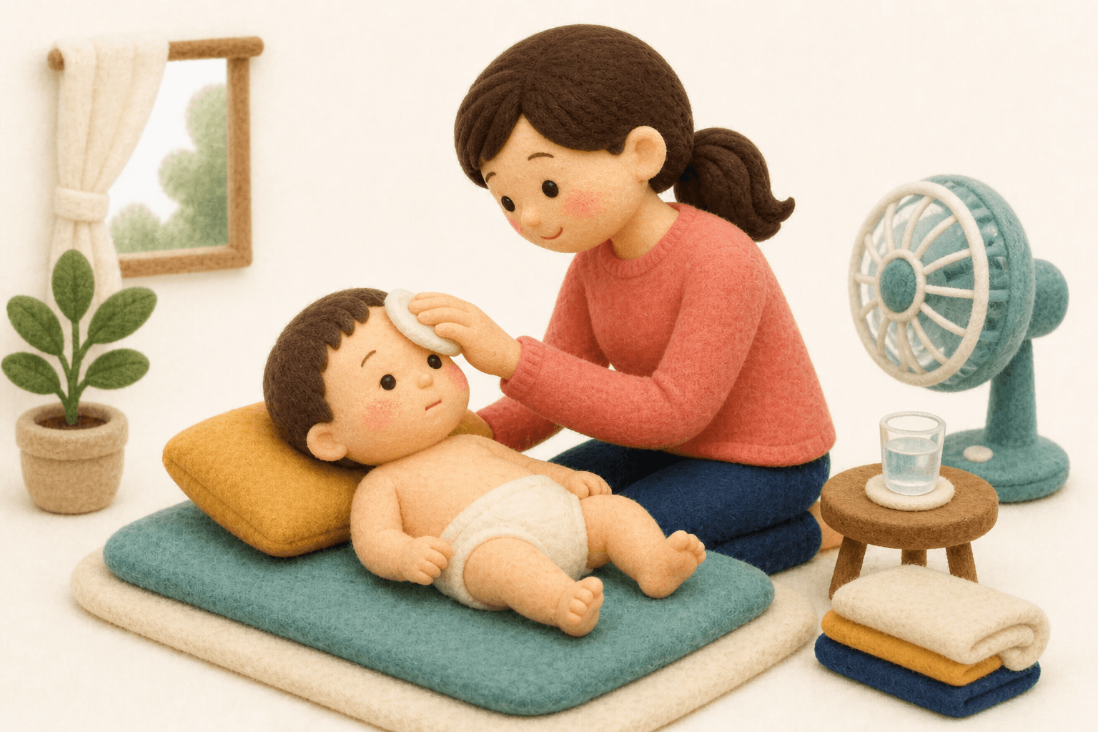 涼しく薄着で汗を拭く赤ちゃんケアのフェルト人形風イラスト