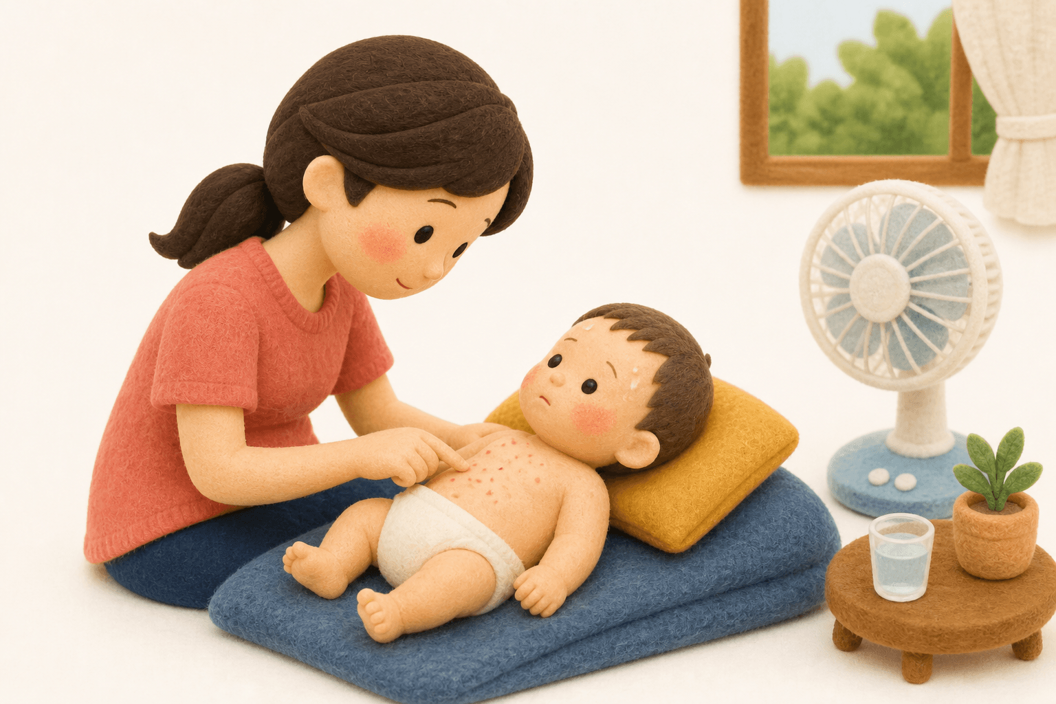 汗をかいたあとの赤いブツブツを見る親子のフェルト人形風イラスト