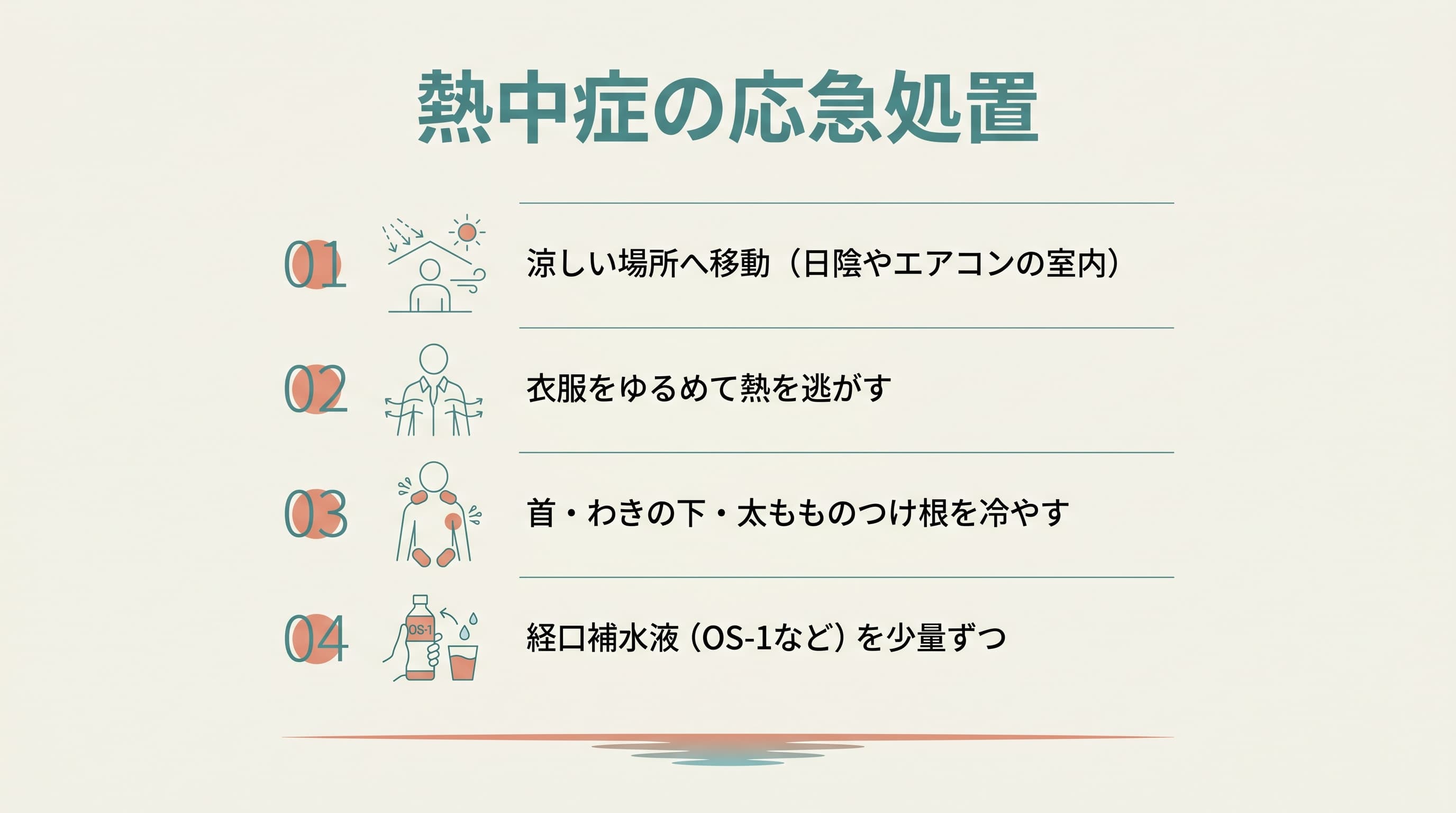 熱中症の応急処置。涼しい場所・衣服をゆるめる・体を冷やす・水分補給。