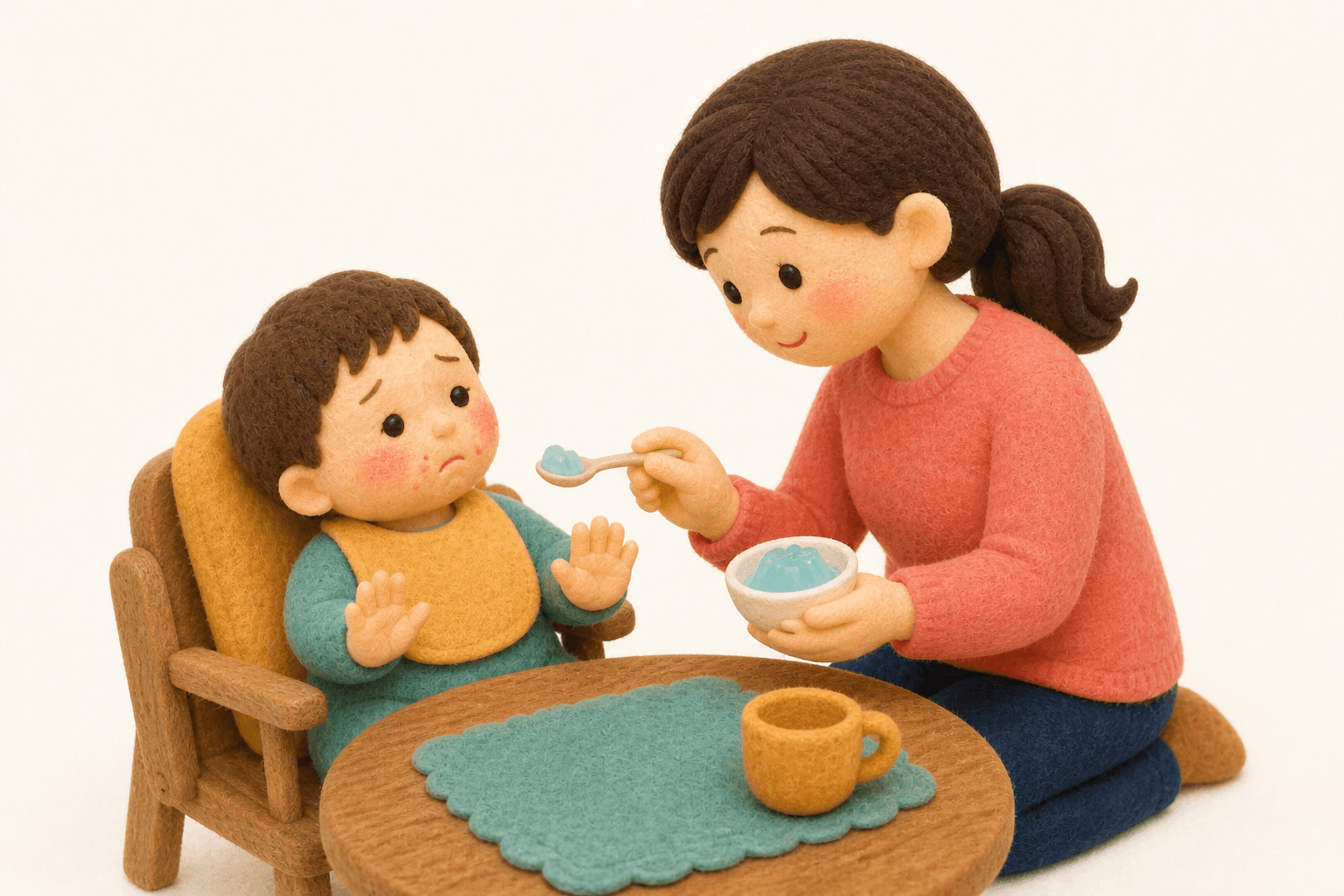 口の痛みで食事が難しい子どもに冷たいゼリーを勧める保護者のフェルト人形風イラスト