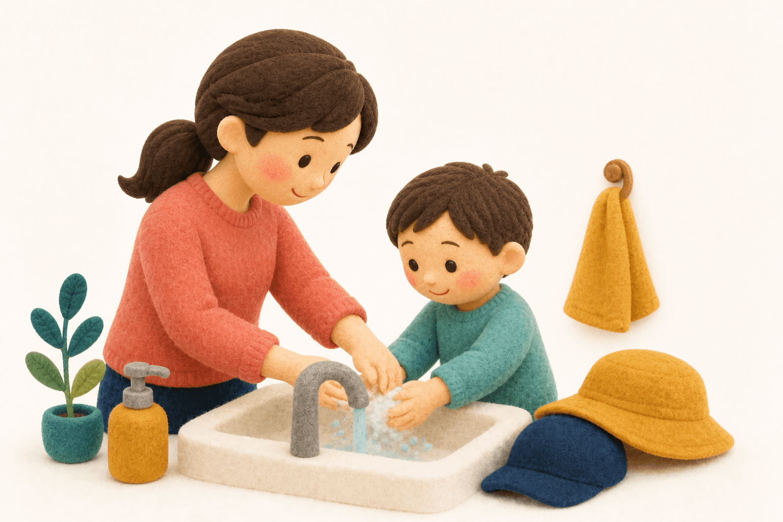 外遊びのあと親子で手洗いし、再発予防の生活習慣を示すフェルト人形風イラスト