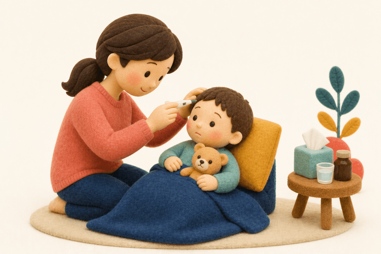 多動は成長すれば治りますか?の場面を示すフェルト人形風イラスト