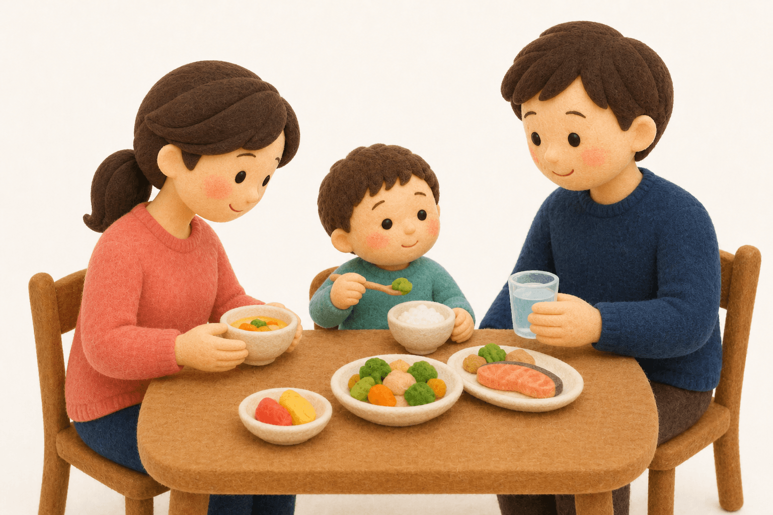 規則正しい食事と落ち着いた食卓で症状に向き合う家族のフェルト人形風イラスト