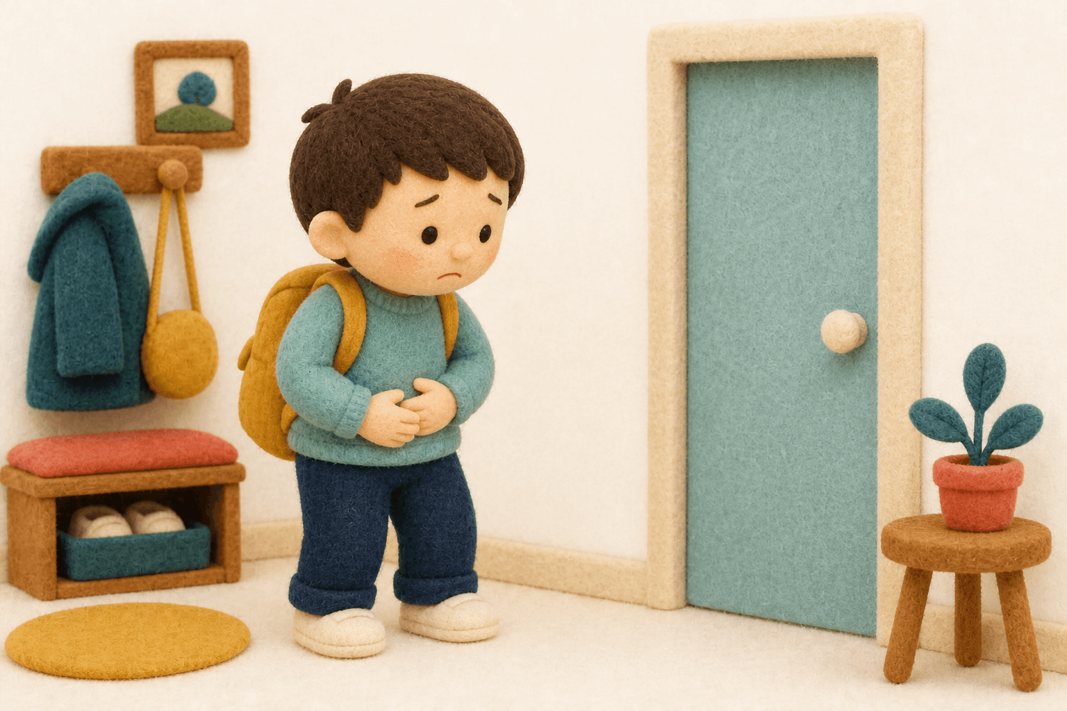 登校前にお腹を押さえてトイレを気にする子どものフェルト人形風イラスト
