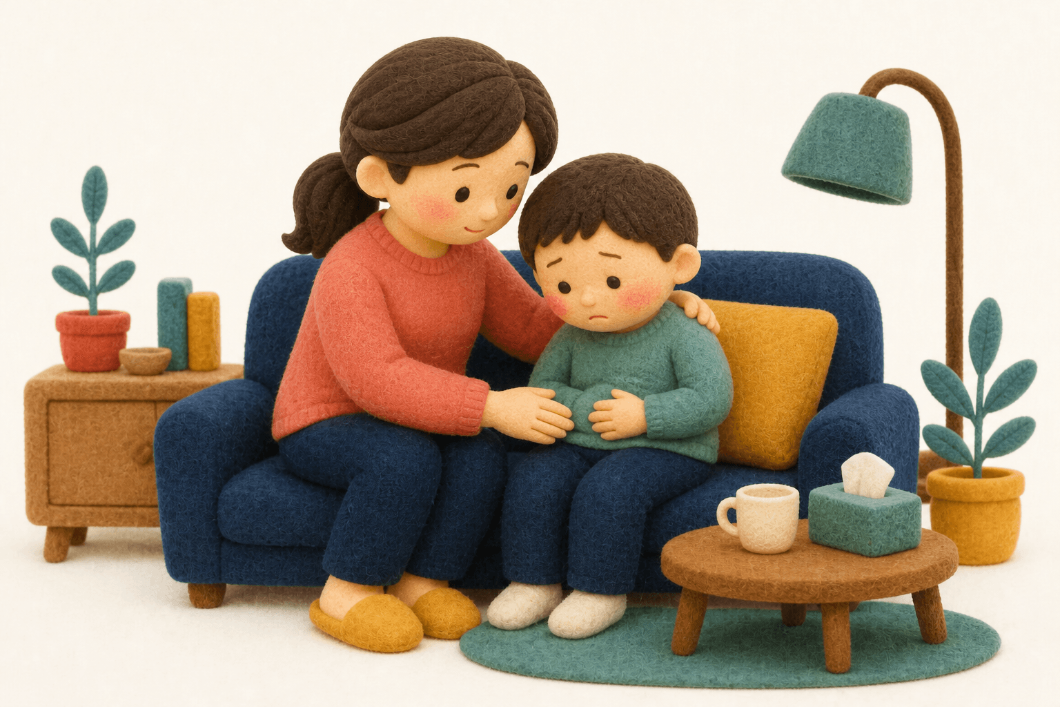 ストレスのあと腹痛が出た子どもを「気のせい」にせず受け止める保護者のフェルト人形風イラスト
