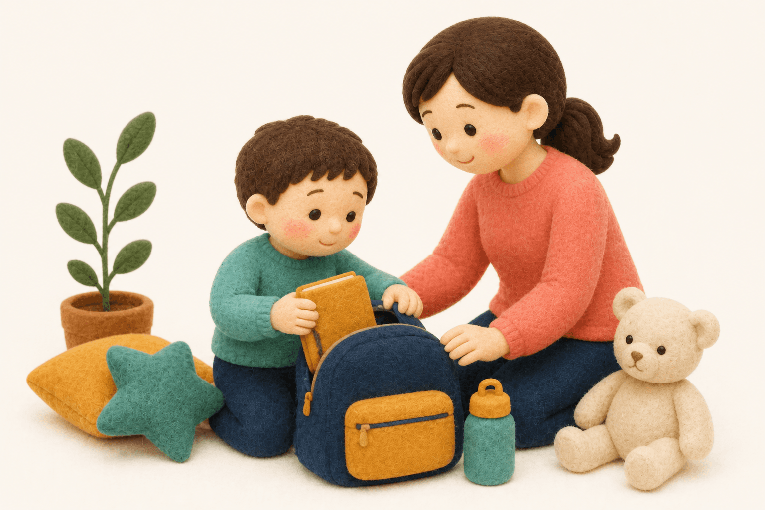 自分の対処法を身につけて学校へ向かう子どものフェルト人形風イラスト