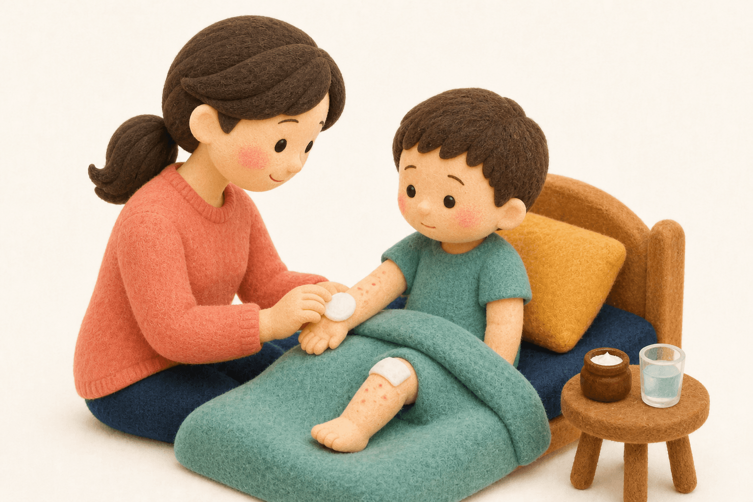軟膏を塗りガーゼで覆うとびひ治療のフェルト人形風イラスト