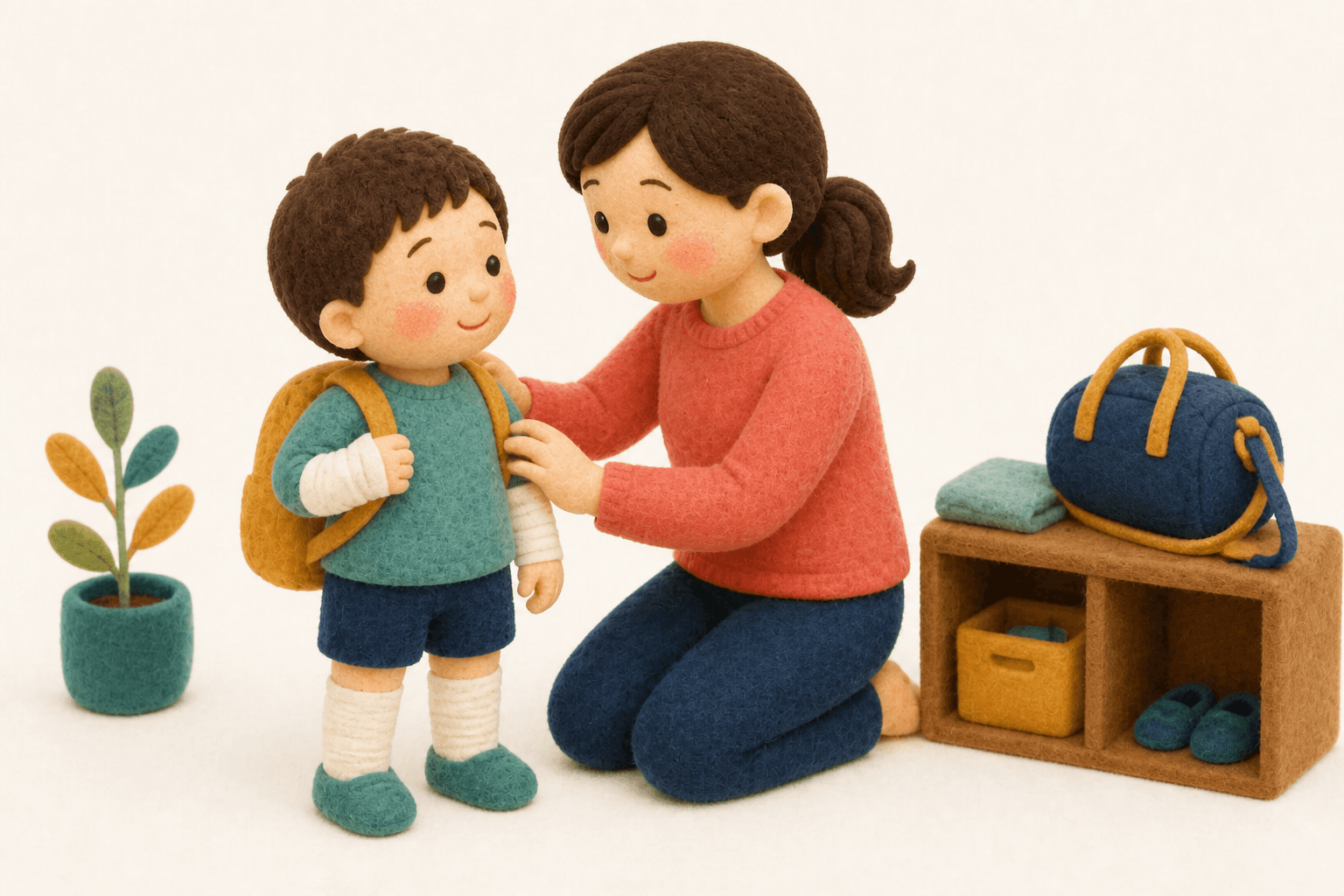 病変を覆って登園し、プールは控える子どものフェルト人形風イラスト