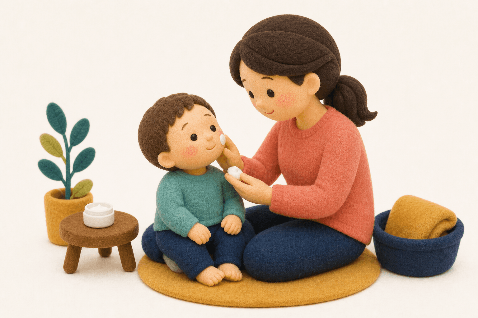 スキンケアを続け肌が落ち着いた幼児のフェルト人形風イラスト