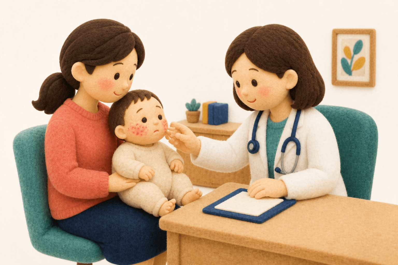 長引く顔の湿疹で早めに受診する親子のフェルト人形風イラスト