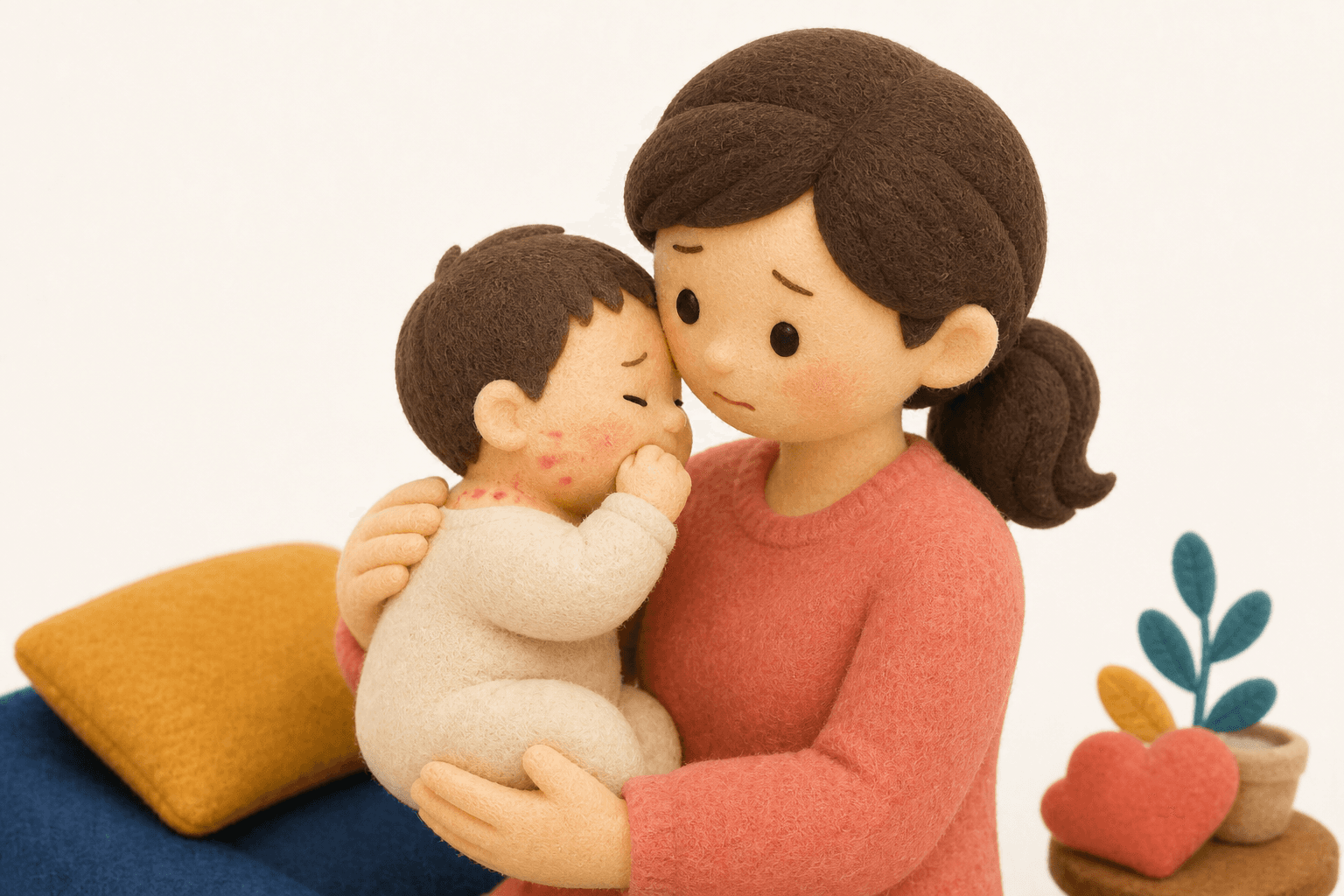 かゆそうに頬をこする赤ちゃんのフェルト人形風イラスト