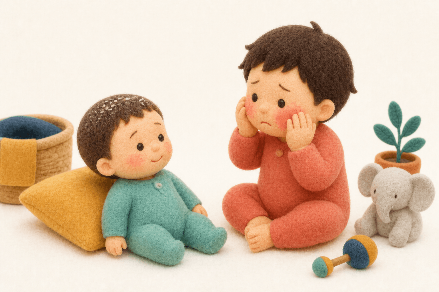 かゆみの有無でアトピーとの違いを示すフェルト人形風イラスト