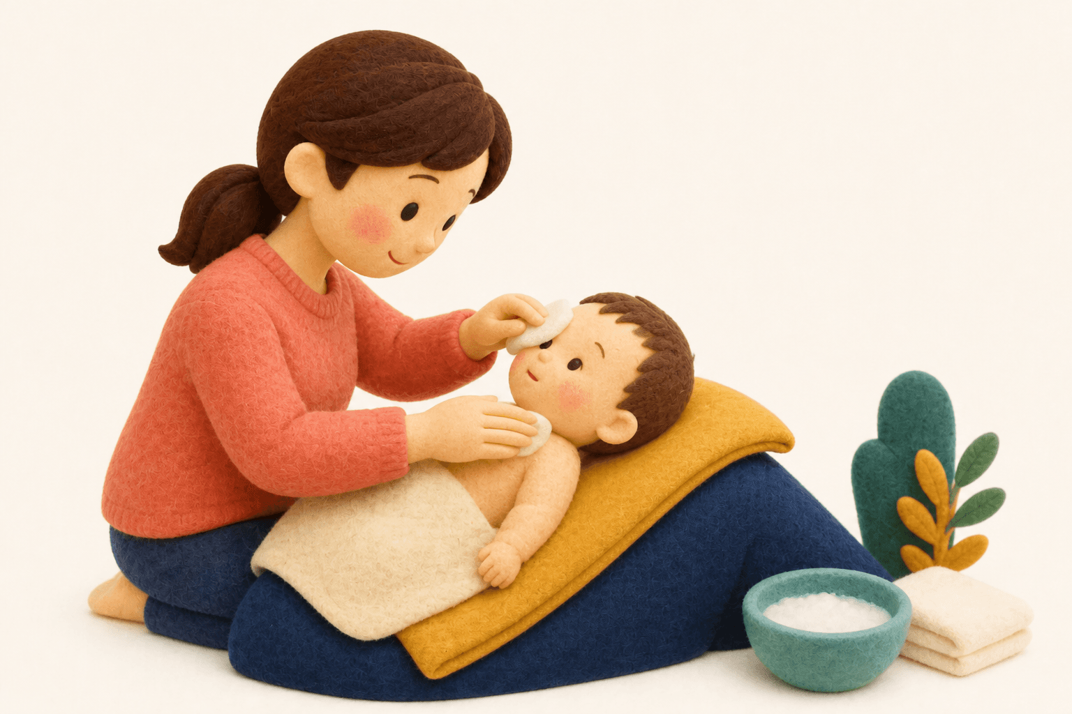新生児のにきびをやさしく洗う保護者のフェルト人形風イラスト