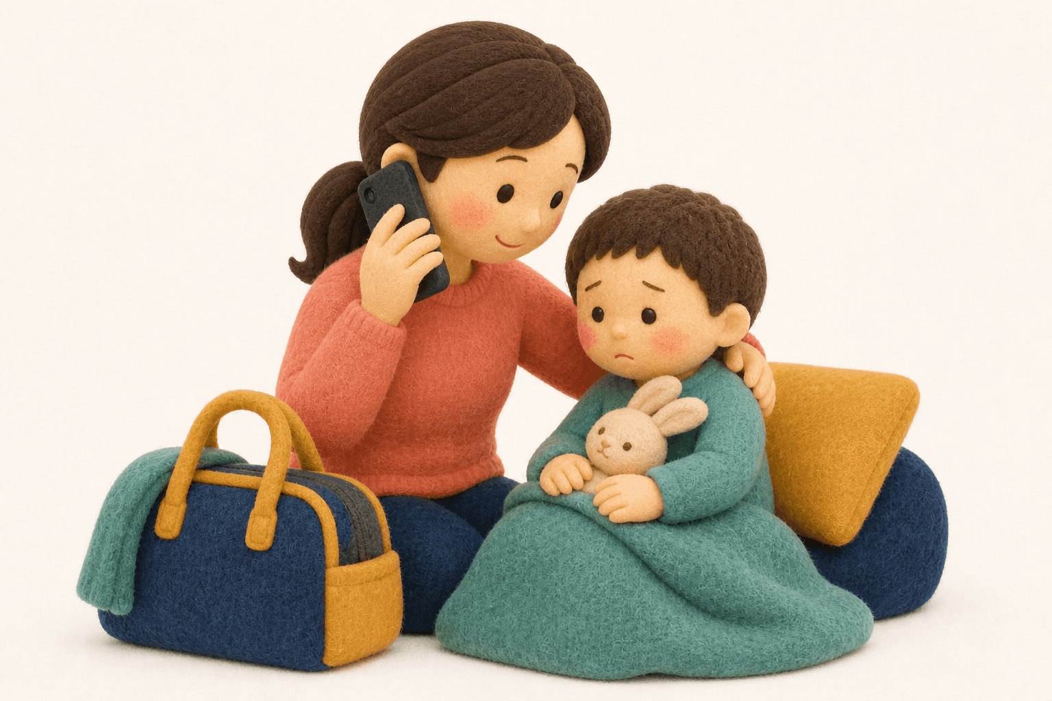 型にかかわらず危険サインで受診準備をする親子のフェルト人形風イラスト