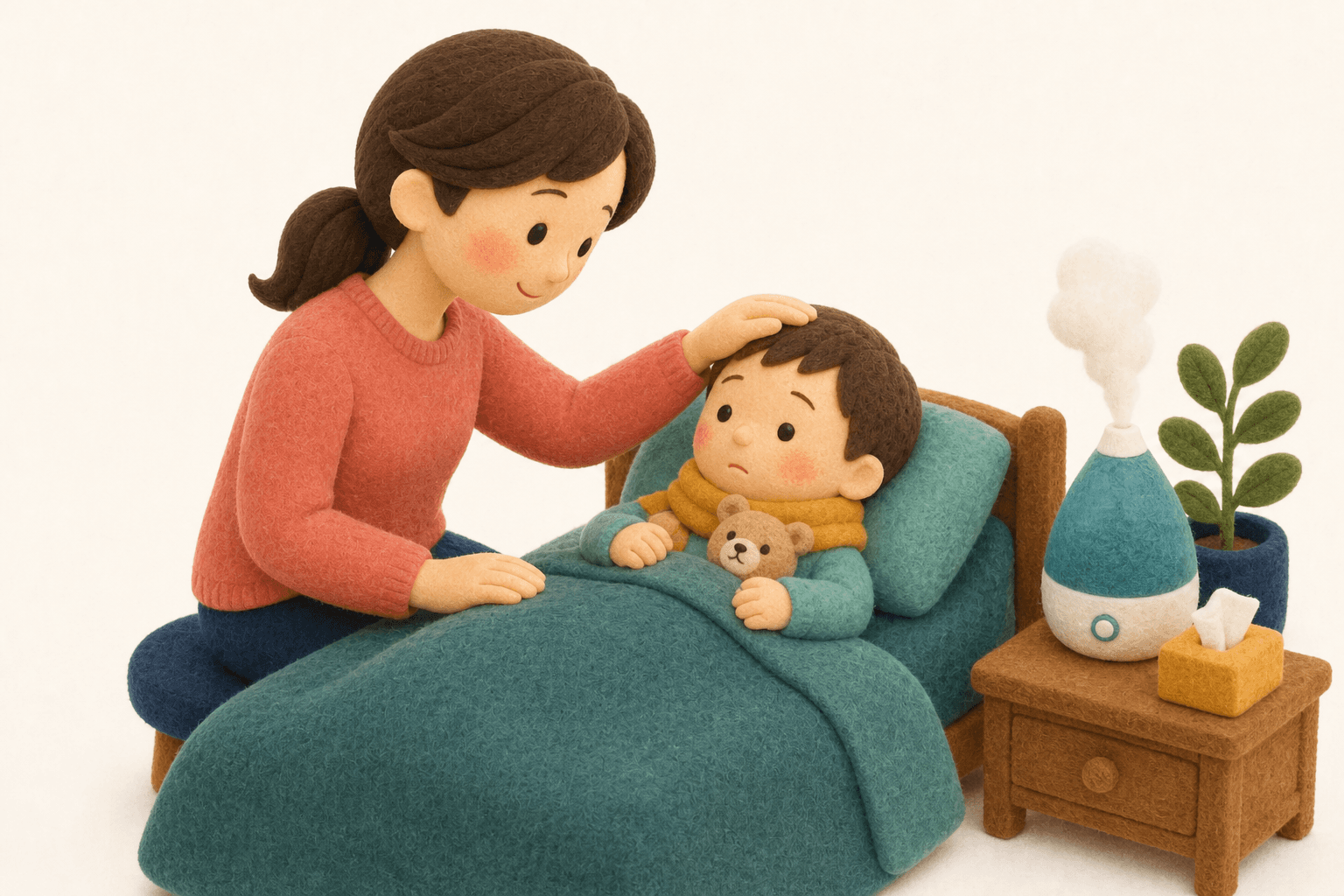 油断せず様子を見守る保護者とインフルエンザの子どものフェルト人形風イラスト