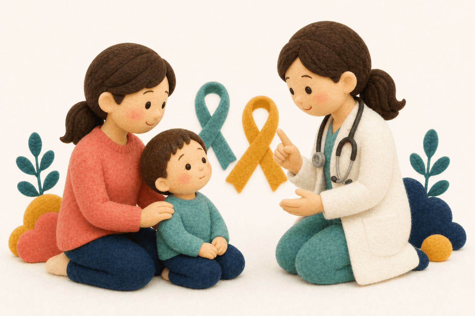 A型もB型も同じように注意と伝える医師と親子のフェルト人形風イラスト