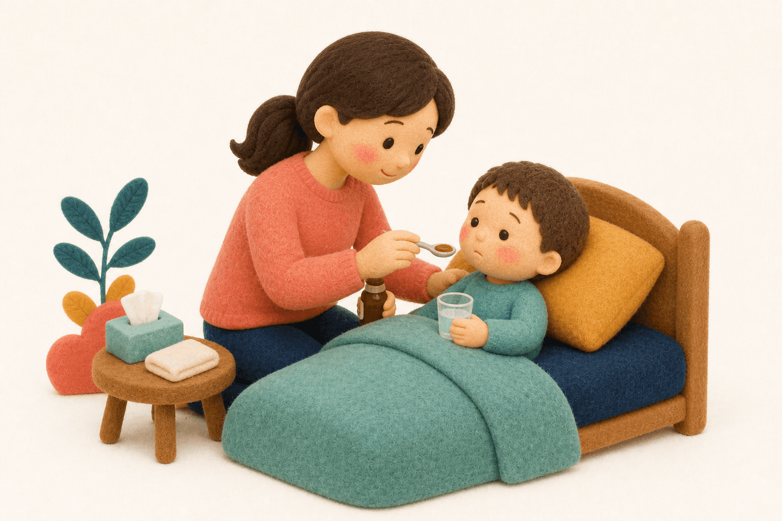 小さなお子さんに抗インフルエンザ薬と水分を用意する保護者のフェルト人形風イラスト