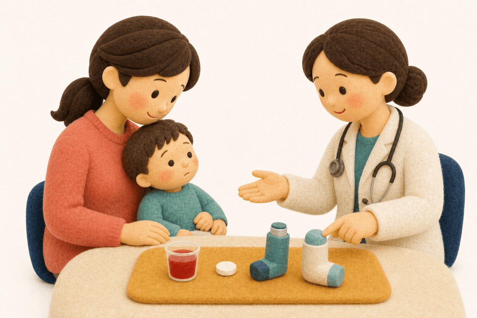 内服と吸入など形の違う薬を前に相談する親子と医師のフェルト人形風イラスト