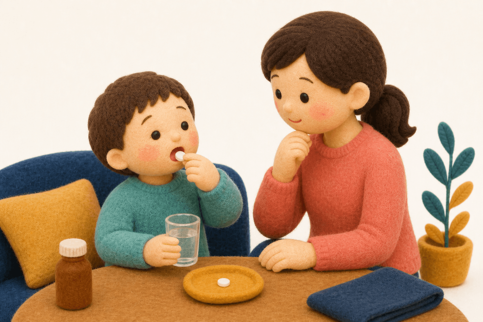 1回だけの内服薬を飲む子どもと、注意点を考える保護者のフェルト人形風イラスト