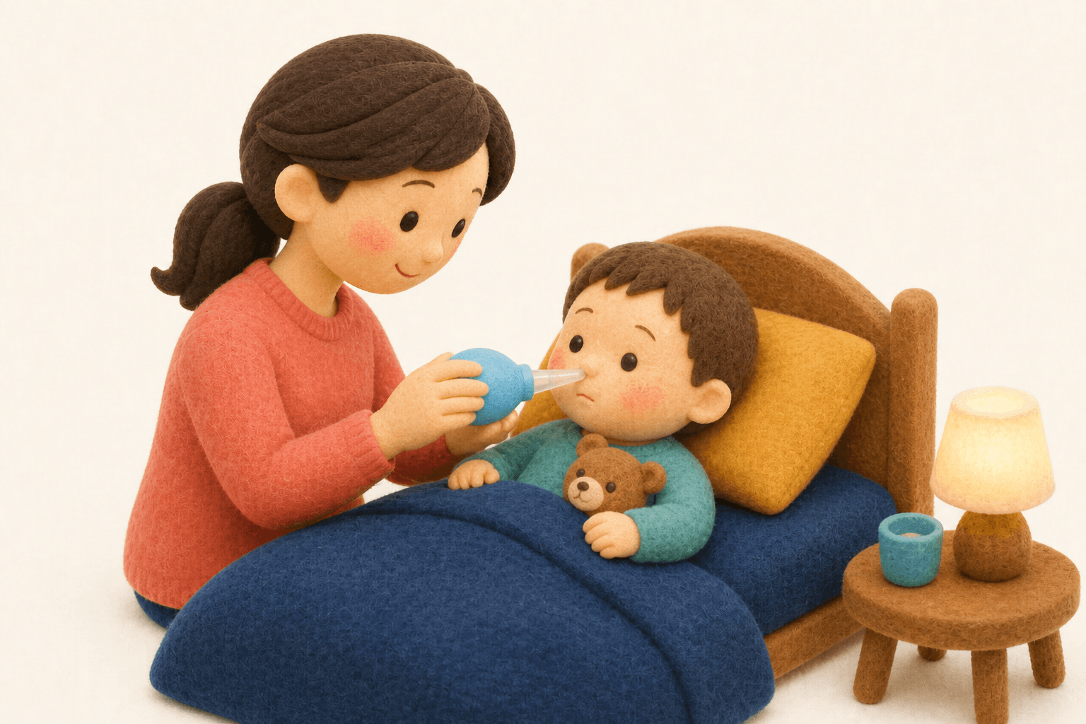フルミスト(経鼻ワクチン)と注射、どちらがいい?の場面を示すフェルト人形風イラスト
