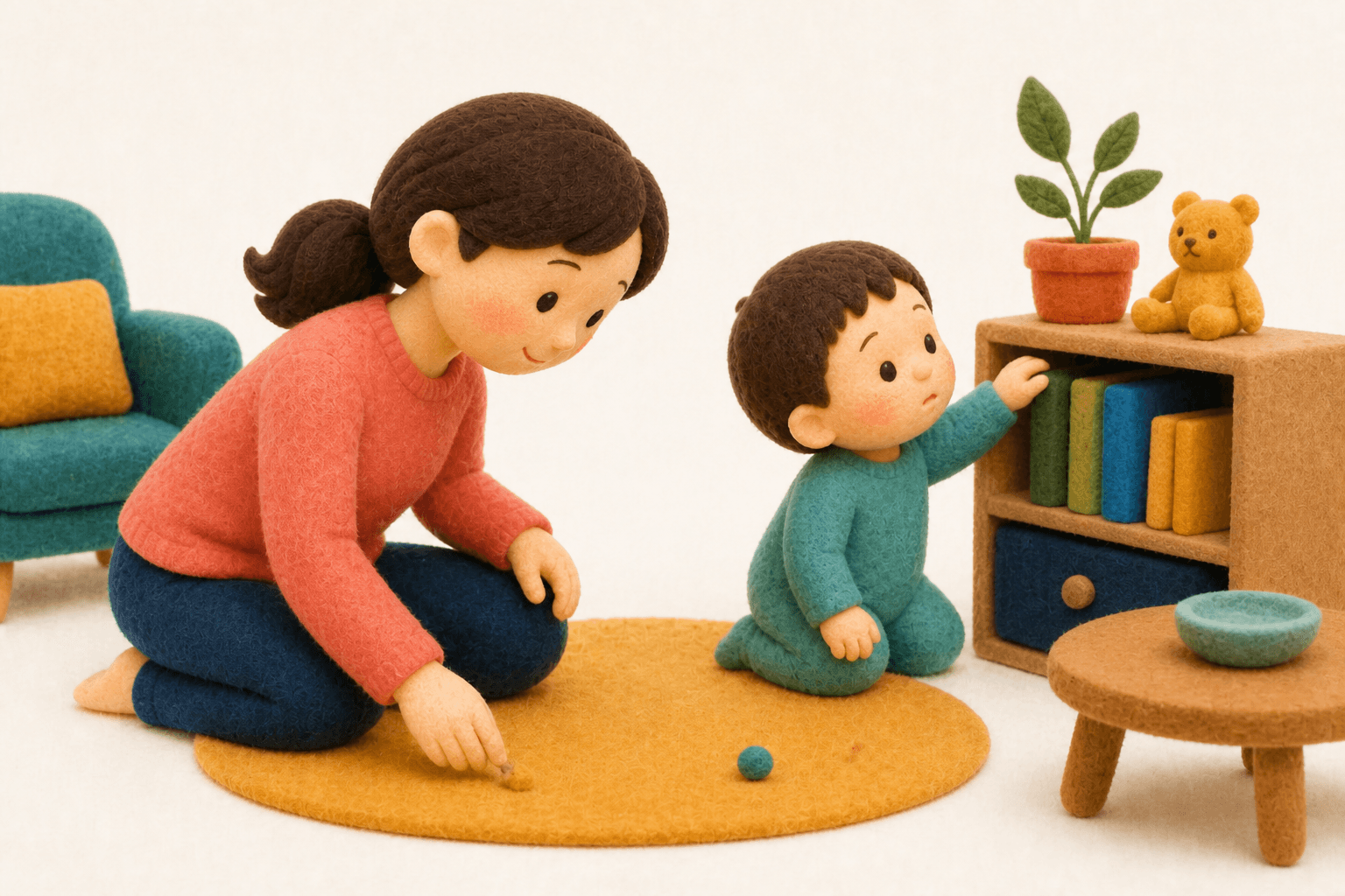 子どもの目線で床や棚を点検する保護者のフェルト人形風イラスト