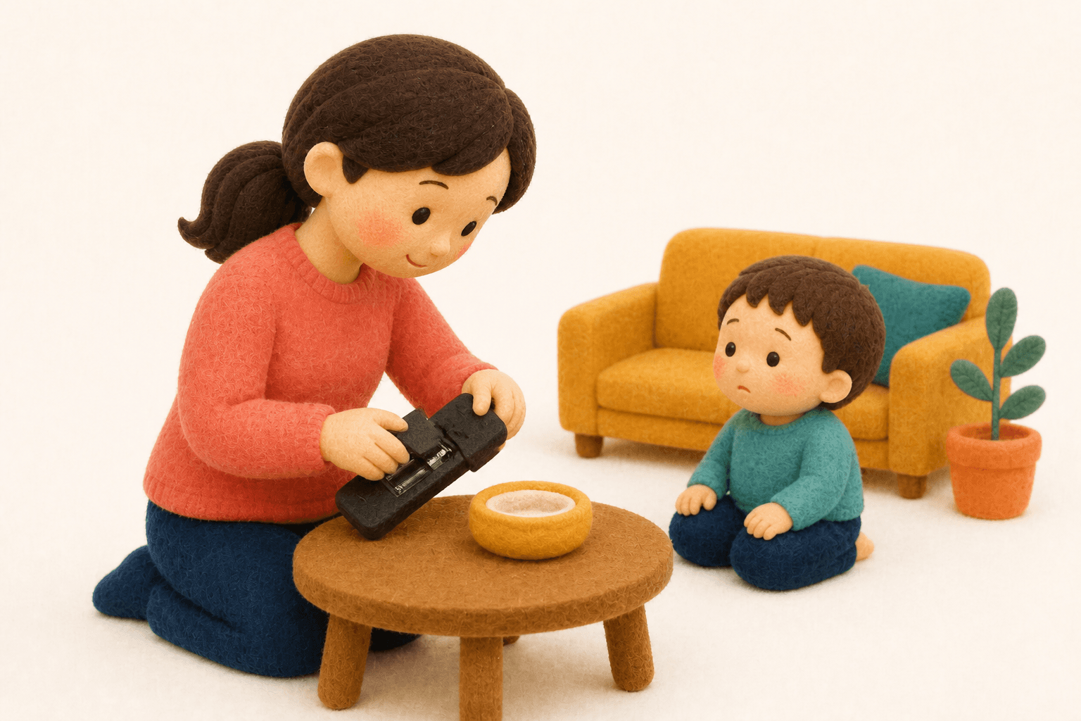 リモコンの電池蓋をしっかり閉じて子どもから遠ざけるフェルト人形風イラスト
