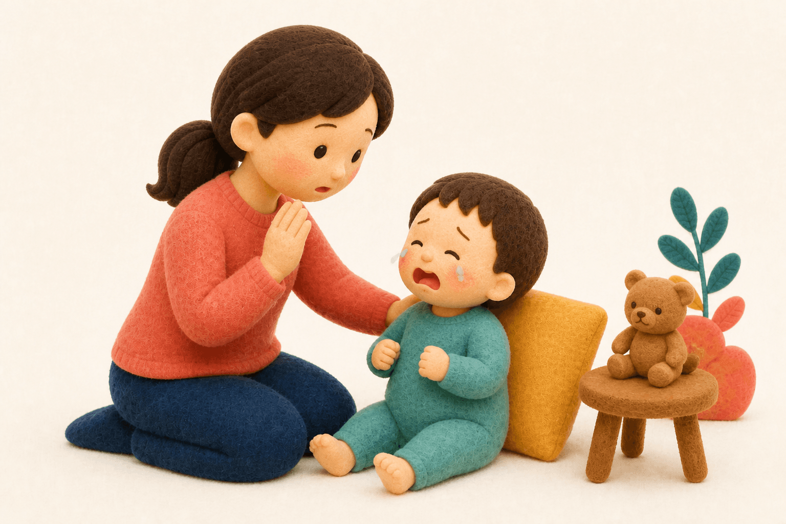 呼びかけへの反応と呼吸を確認する保護者のフェルト人形風イラスト