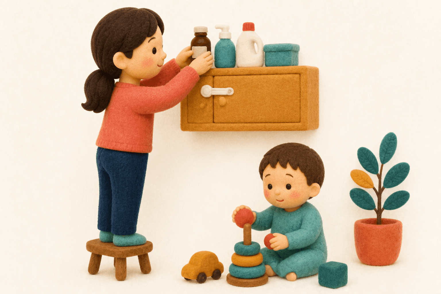 医薬品や洗剤を高い棚とチャイルドロックで保管するフェルト人形風イラスト