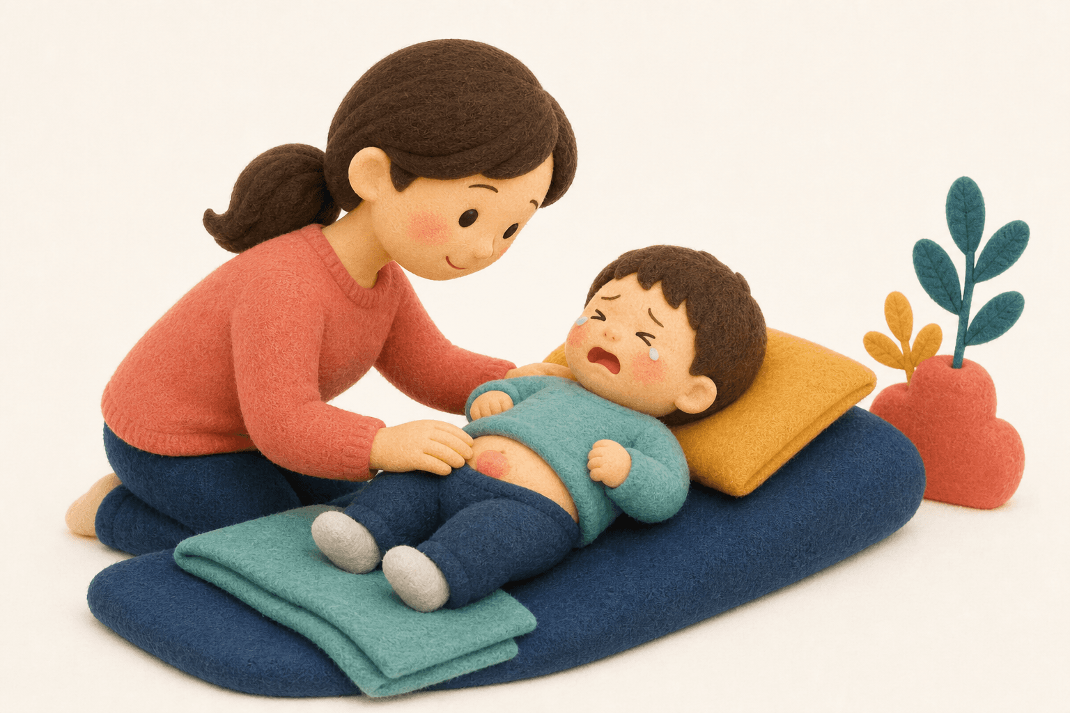 泣いた時に出た膨らみが安静で戻る様子を見守るフェルト人形風イラスト