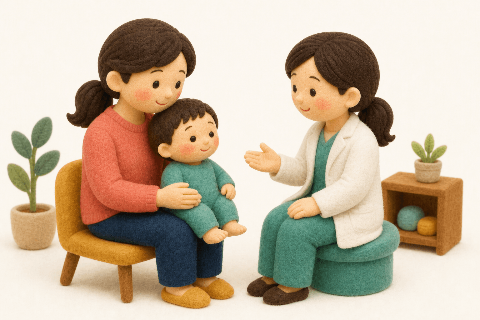 手術の説明を聞く保護者と子どものフェルト人形風イラスト