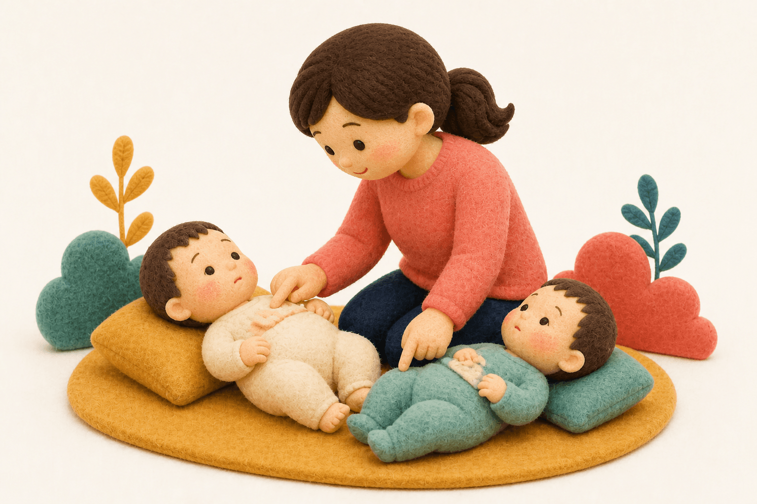 おへその膨らみと鼠径部の膨らみを比べるフェルト人形風イラスト
