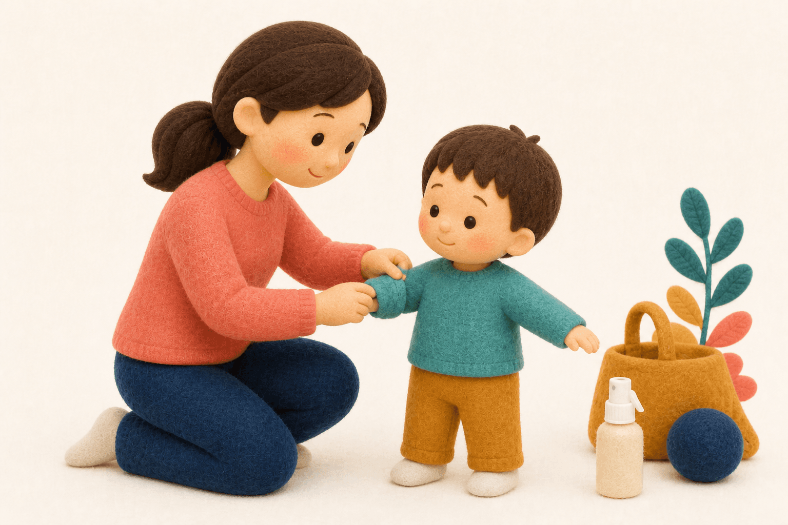 長袖長ズボンを着せ虫よけの準備をする親子のフェルト人形風イラスト
