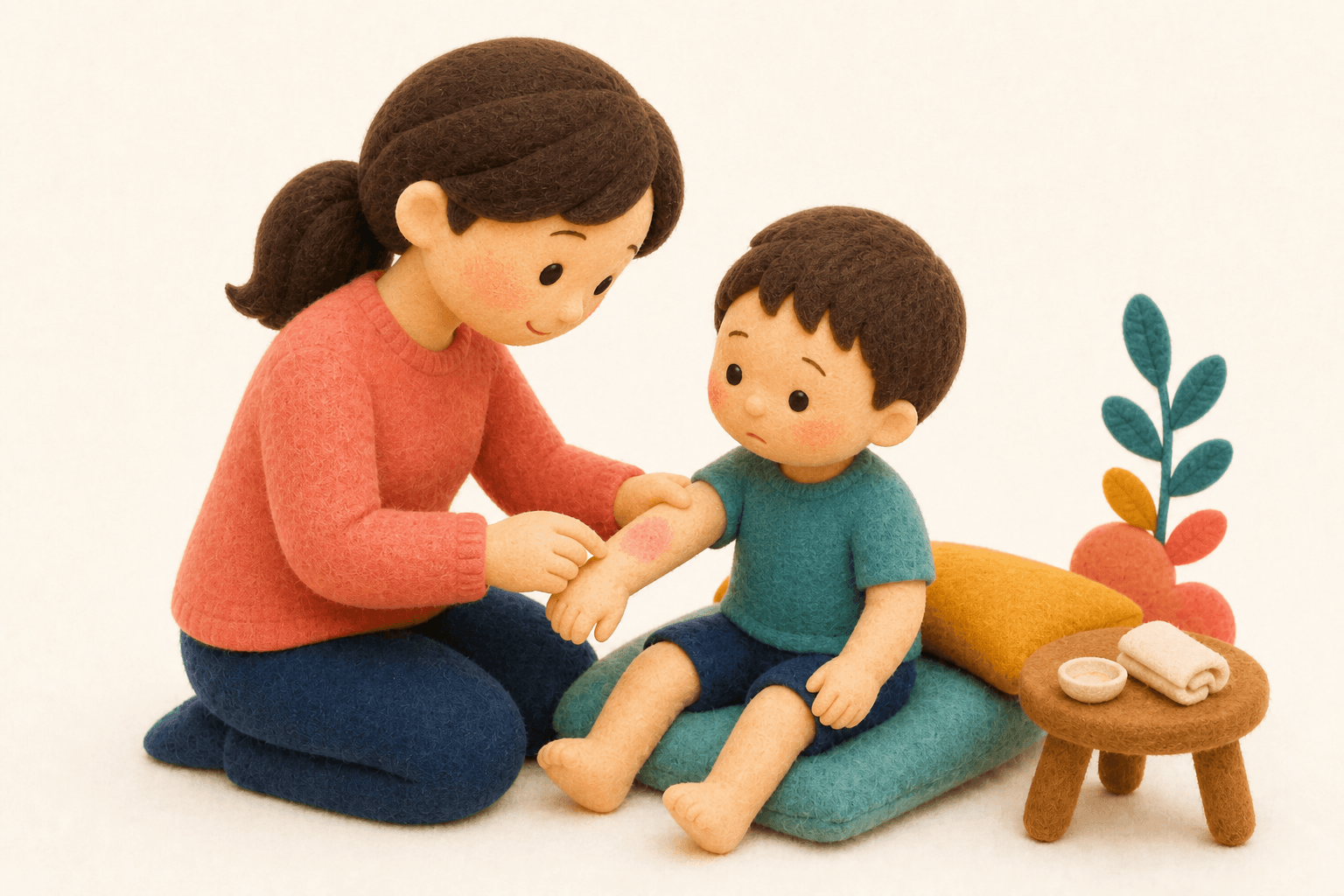 腕の大きな腫れをやさしく確かめる保護者のフェルト人形風イラスト