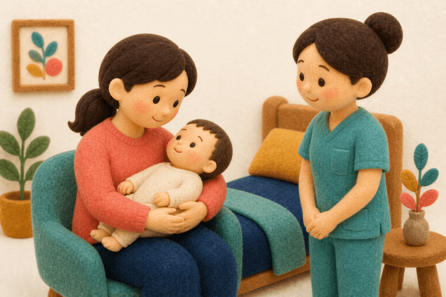 治療後に安堵する親子のフェルト人形風イラスト