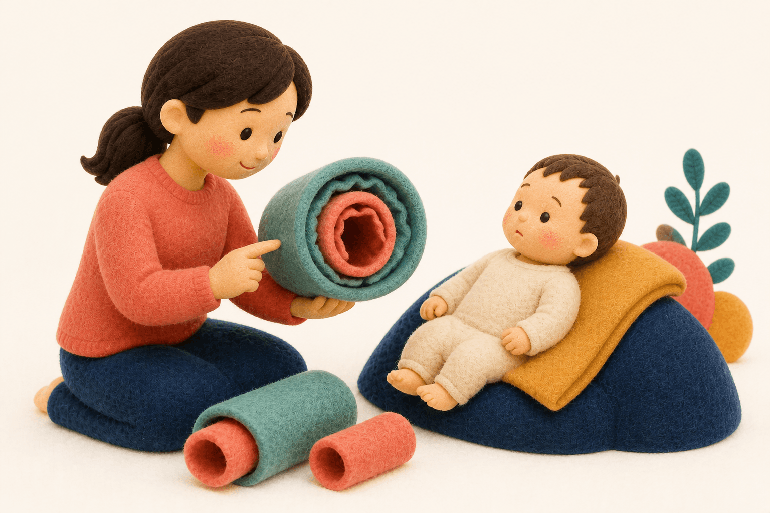 腸が腸に入り込むイメージを羊毛で示した教育的なフェルト人形風イラスト